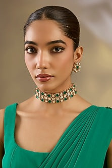 Gold Finish Kundan Polki & Green Stone Choker Necklace Set