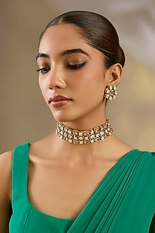 Gold Finish Kundan Polki & Pink Stone Choker Necklace Set