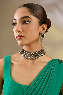 Two Tone Finish Uncut Kundan Polki & Green Stone Choker Necklace Set