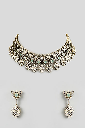 Two Tone Finish Uncut Kundan Polki & Green Stone Choker Necklace Set