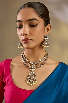Two Tone Finish Kundan Polki & Pink Stone Long Layered Necklace Set