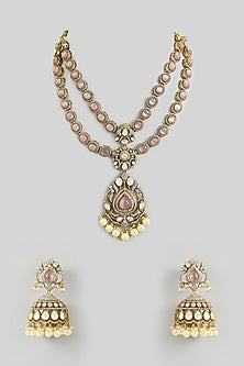 Two Tone Finish Kundan Polki & Pink Stone Long Layered Necklace Set