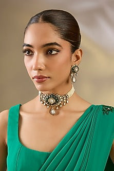 Two Tone Finish Kundan Polki & Green Stone Choker Necklace Set
