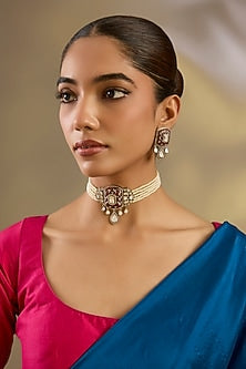 Two Tone Finish Kundan Polki & Pink Stone Choker Necklace Set