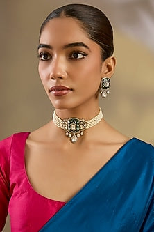 Two Tone Finish Kundan Polki & Green Stone Choker Necklace Set