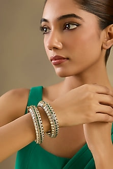 Two Tone Finish Kundan Polki & Green Stone Bangles (Set Of 2)