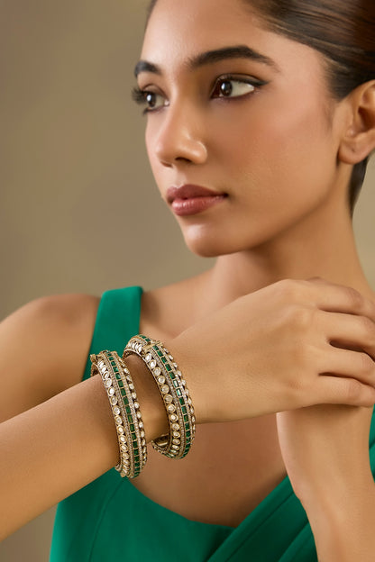 Two Tone Finish Kundan Polki & Green Stone Bangles (Set Of 2)