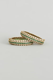 Two Tone Finish Kundan Polki & Green Stone Bangles (Set Of 2)
