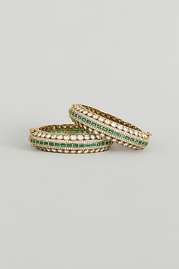 Two Tone Finish Kundan Polki & Green Stone Bangles (Set Of 2)