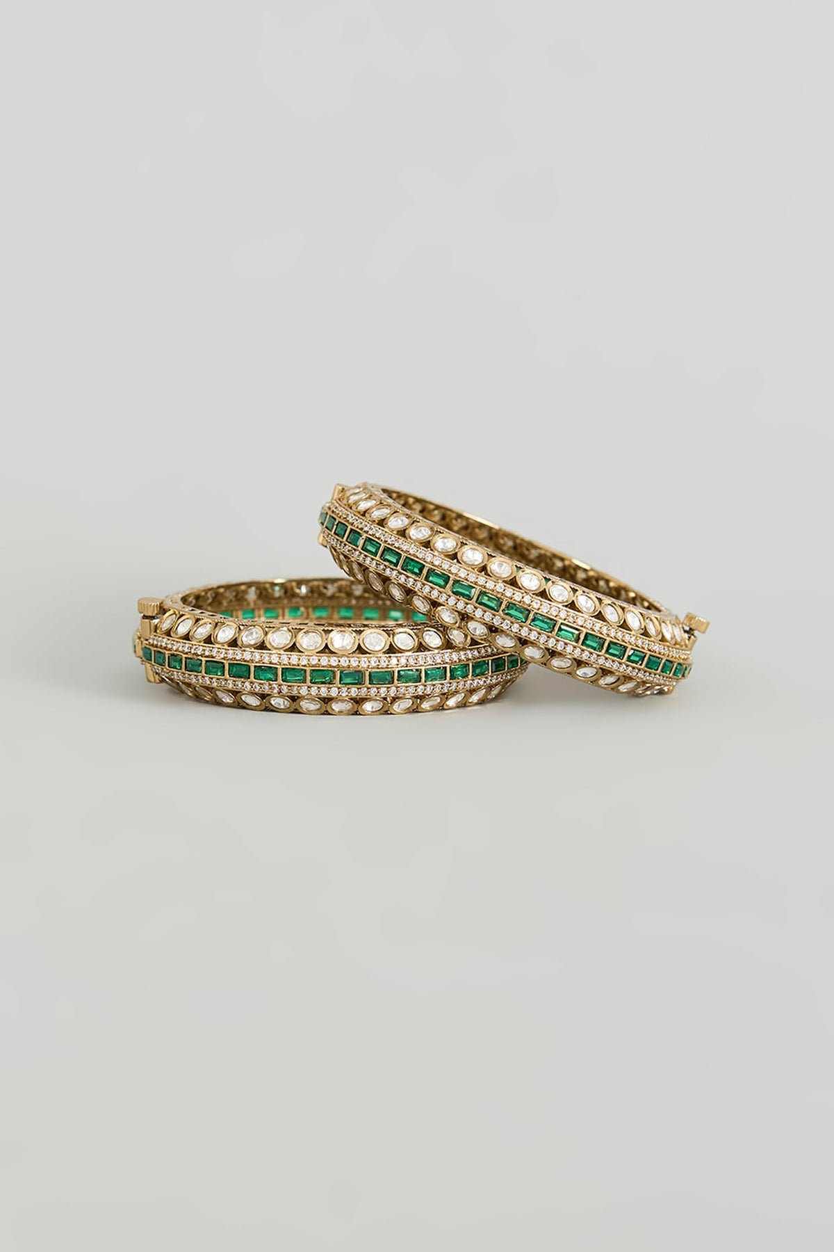 Two Tone Finish Kundan Polki & Green Stone Bangles (Set Of 2)