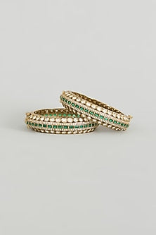 Two Tone Finish Kundan Polki & Green Stone Bangles (Set Of 2)