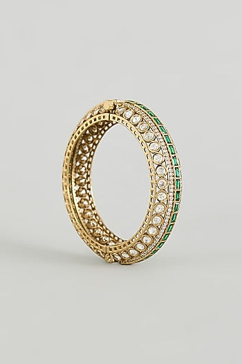 Two Tone Finish Kundan Polki & Green Stone Bangles (Set Of 2)
