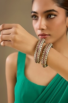 Two Tone Finish Kundan Polki & Red Stone Bangles (Set Of 2)