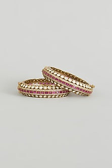 Two Tone Finish Kundan Polki & Red Stone Bangles (Set Of 2)
