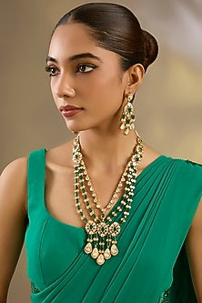 Gold Finish Moissanite Stone & Green Stone Long Necklace Set