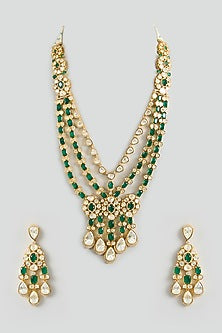 Gold Finish Moissanite Stone & Green Stone Long Necklace Set