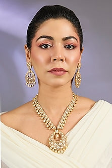 Gold Finish Moissanite Stone Long Necklace Set