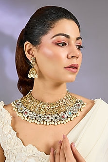 Gold Finish Multi-Colored Kundan Polki Jadau Necklace Set