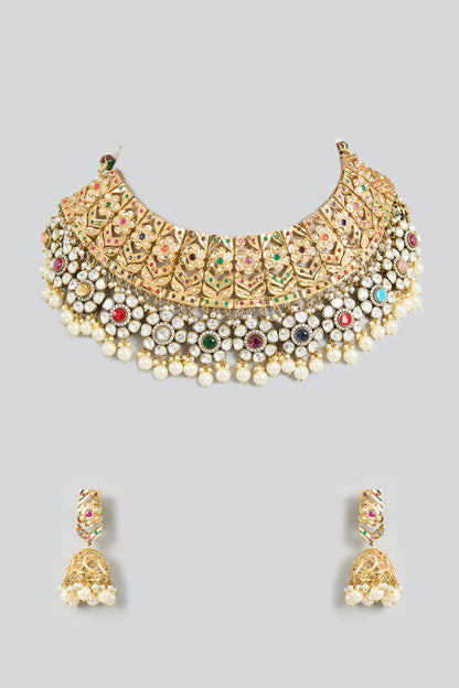 Gold Finish Multi-Colored Kundan Polki Jadau Necklace Set