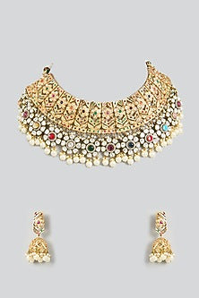 Gold Finish Multi-Colored Kundan Polki Jadau Necklace Set