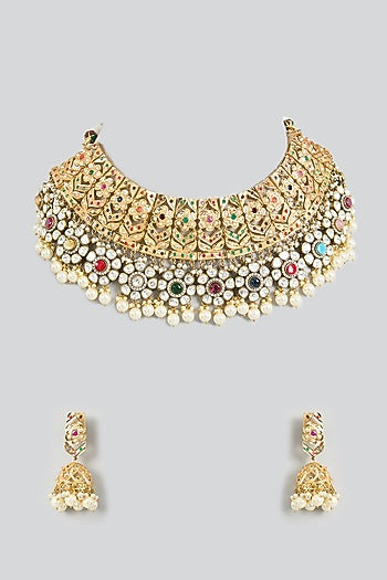 Gold Finish Multi-Colored Kundan Polki Jadau Necklace Set