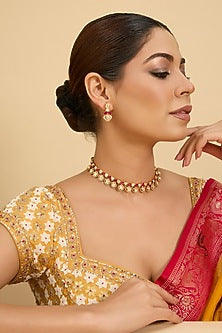 Gold Finish Red Moissanite Stone & Crystal Necklace Set