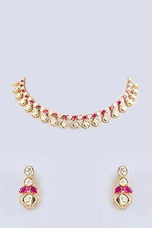 Gold Finish Red Moissanite Stone & Crystal Necklace Set