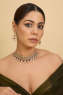 Two-Tone Finish Kundan Polki & Red Stone Necklace Set