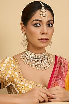 Gold Finish Moissanite & Pearl Drop Necklace Set