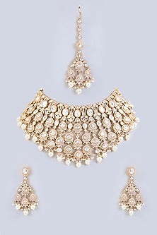 Gold Finish Moissanite & Pearl Drop Necklace Set