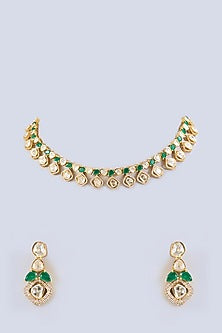 Gold Finish Green Moissanite Stone & Crystal Necklace Set