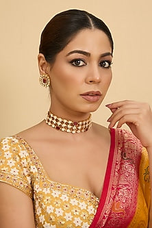 Gold Finish Moissanite & Red Stone Choker Necklace Set
