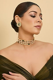 Gold Finish Moissanite & Green Stone Choker Necklace Set