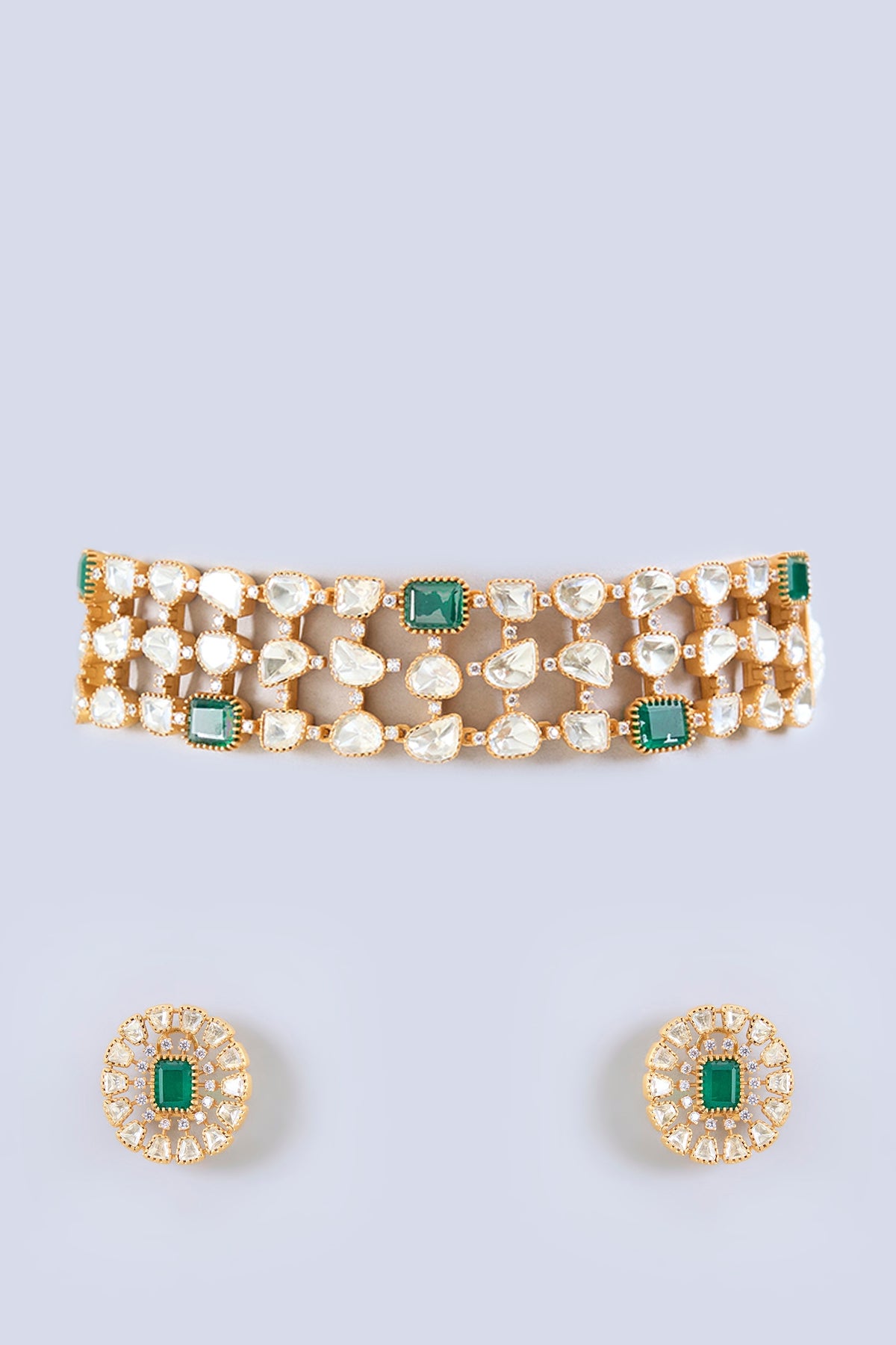 Gold Finish Moissanite & Green Stone Choker Necklace Set