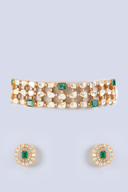 Gold Finish Moissanite & Green Stone Choker Necklace Set