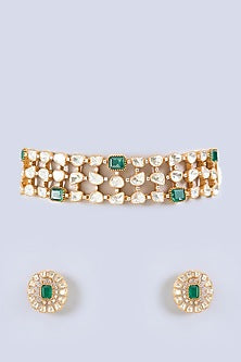 Gold Finish Moissanite & Green Stone Choker Necklace Set