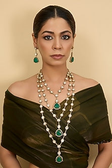 Two-Tone Finish Kundan Polki & Green Stone Layered Necklace Set