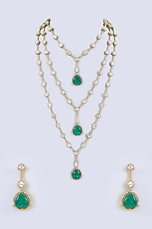 Two-Tone Finish Kundan Polki & Green Stone Layered Necklace Set