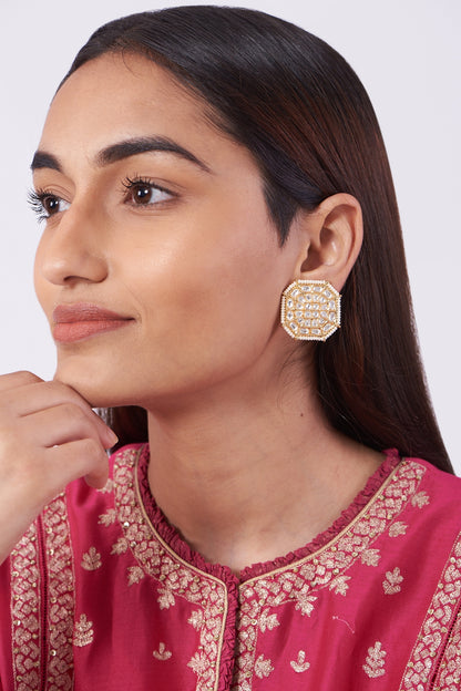Gold Plated Kundan Polki Stud Earrings