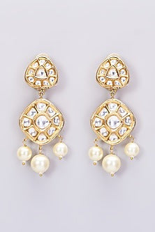 Gold Plated Kundan Polki & Pearl Drop Dangler Earrings