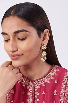Gold Plated Kundan Polki & Pearl Drop Dangler Earrings