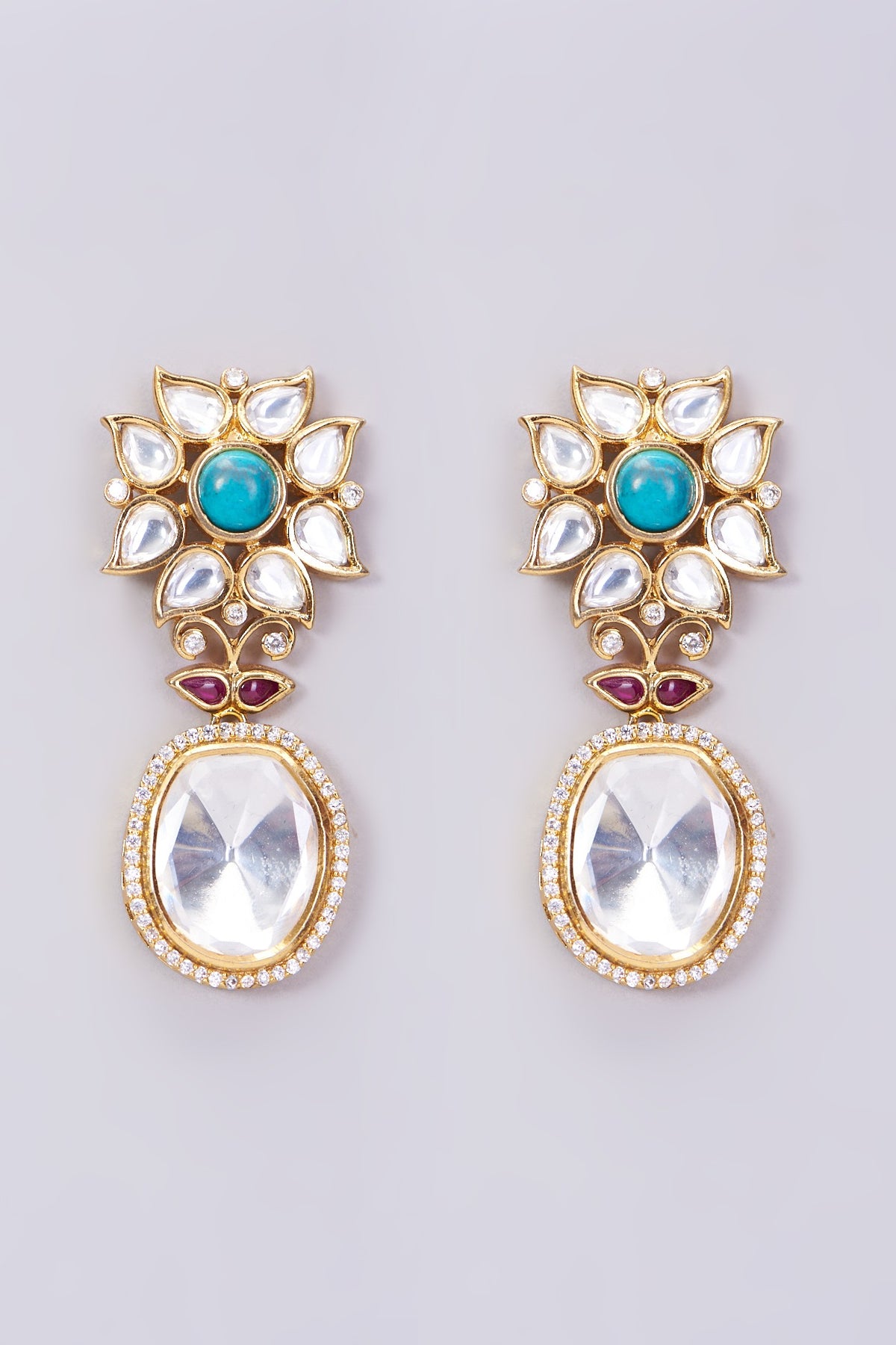 Gold Finish Kundan Polki & Turquoise Stone Stud Earrings