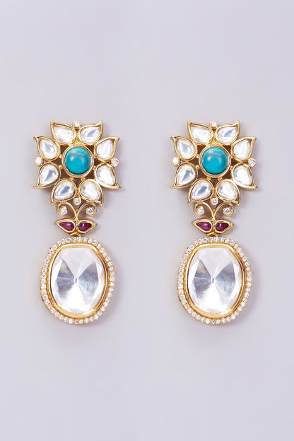 Gold Finish Kundan Polki & Turquoise Stone Stud Earrings