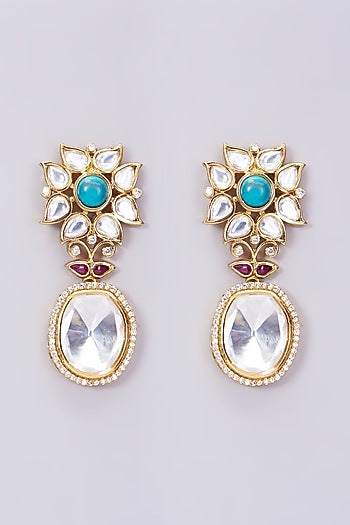 Gold Finish Kundan Polki & Turquoise Stone Stud Earrings
