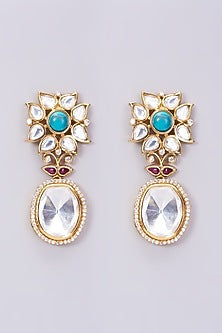 Gold Finish Kundan Polki & Turquoise Stone Stud Earrings