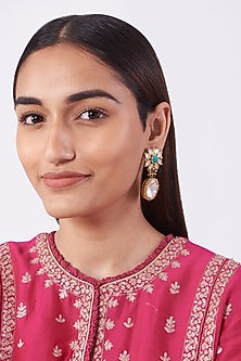 Gold Finish Kundan Polki & Turquoise Stone Stud Earrings