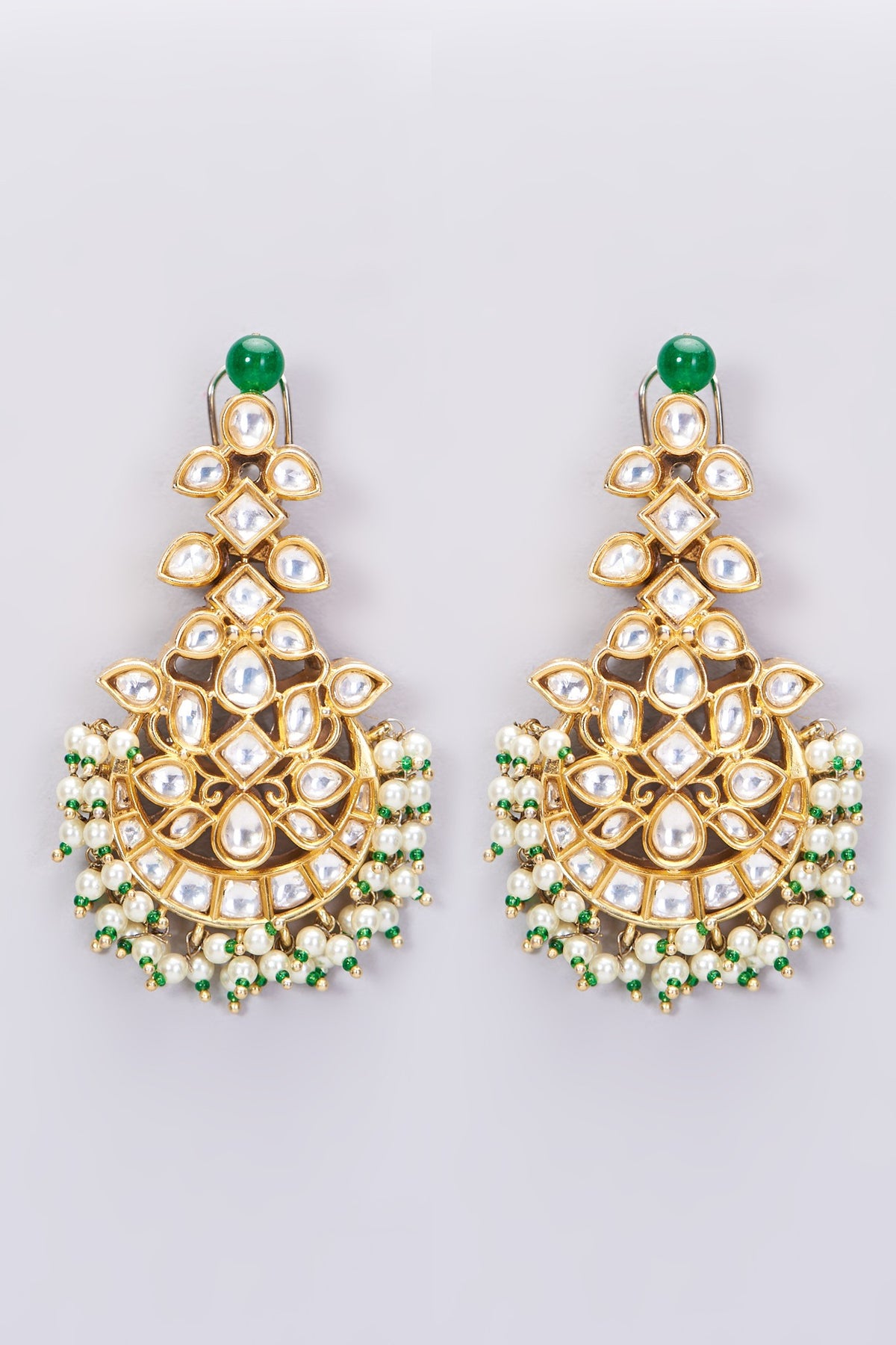 Gold Finish Kundan Polki & Pearl Chandbali Earrings