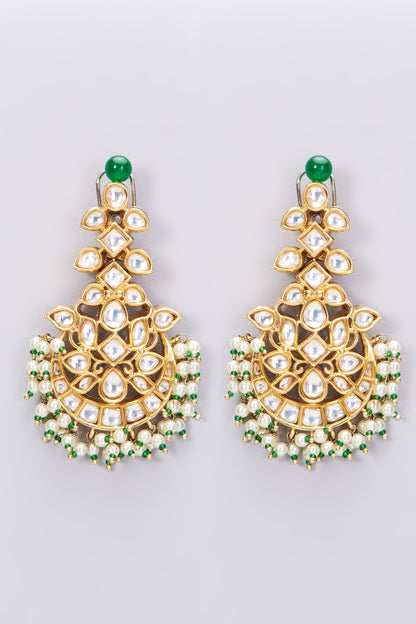 Gold Finish Kundan Polki & Pearl Chandbali Earrings