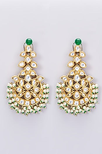 Gold Finish Kundan Polki & Pearl Chandbali Earrings