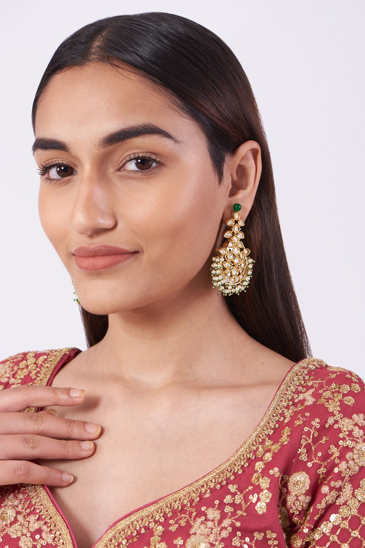 Gold Finish Kundan Polki & Pearl Chandbali Earrings